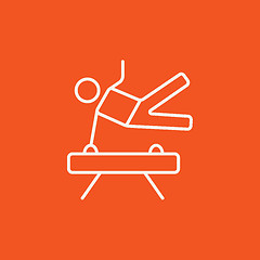 Image showing Gymnast exercising on pommel horse line icon.