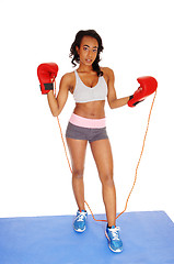 Image showing Girl with boxing cloves and rope.