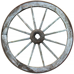 Image showing Twelve spoked timber and steel wagon wheel 