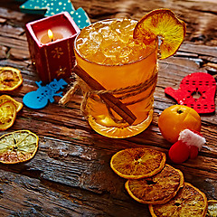 Image showing Fresh juice of ripe mandarins in glass.