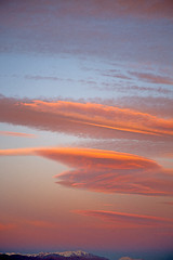 Image showing sunrise in the colored sky snow  background