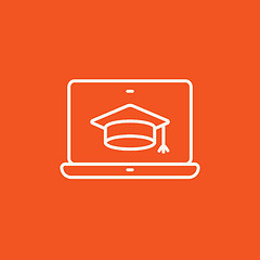 Image showing Laptop with graduation cap on screen line icon.