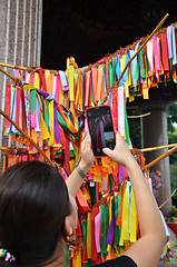 Image showing Blessing ribbons hang outside in Kek Lok Si, Penang