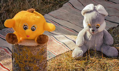 Image showing Toys for children on the meadow in the garden.