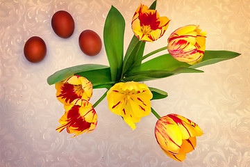 Image showing Bouquet yellow tulips and Easter eggs.