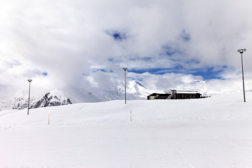 Image showing Ski slope in cloudy sunny day