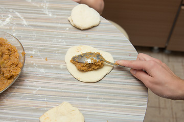 Image showing On the blank test of the girl puts a spoon stuffed cabbage