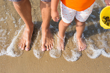 Image showing Two pairs of legs adult and child washed waves of the sea