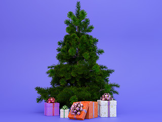 Image showing beautiful high Christmas tree with colorful present boxes