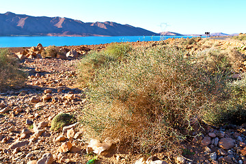 Image showing lake  in      the atlas dry mountain utility pole 