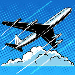 Image showing Passenger airplane in the clouds retro background