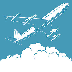 Image showing Passenger airplane in the clouds retro background