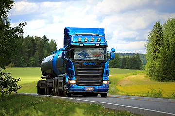 Image showing Blue Scania R500 Tank Truck on the Road at Summer