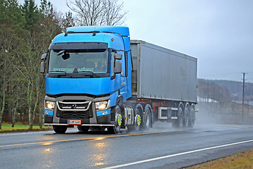 Image showing Blue Renault Trucks T Delivers on Rainy Day