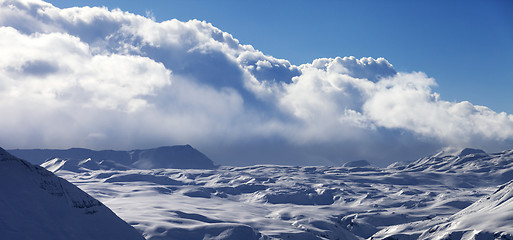 Image showing Panoramic view on snow plateau in evening