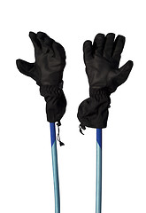 Image showing Winter sport gloves on ski poles