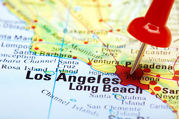 Image showing red push pin pointing at Los Angeles, USA 