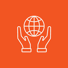 Image showing Two hands holding globe line icon.