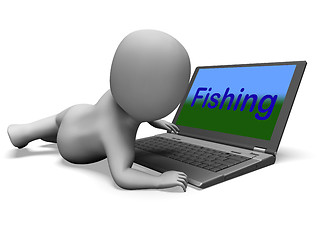 Image showing Fishing Character Laptop Means Sport Of Catching Fish On Web