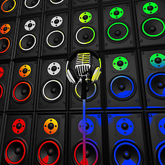 Image showing Headphones Microphone And Speakers Show Music Performance Or Ent