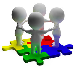 Image showing Puzzle Solved And 3d Characters Shows Unity And Teamwork