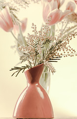 Image showing Spring bouquet with a mimosa and tulips