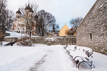 Image showing Bench   in the park winter Old Tallinn