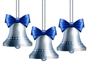 Image showing Silver bells with blue ribbon. 