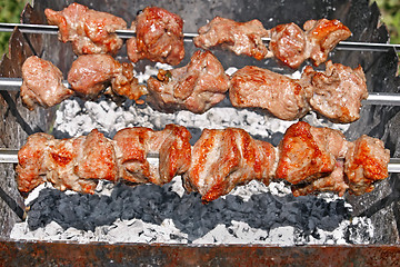 Image showing Shish kebab on still skewers