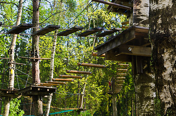 Image showing Dangerous ropeway with tether in rope park, trees with green lea