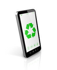 Image showing Smartphone with a recycle symbol on screen. environmental conser