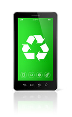 Image showing Smartphone with a recycling symbol on screen. environmental cons