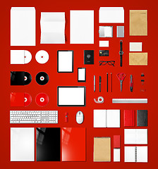 Image showing Products branding mockup template, red background