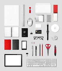 Image showing Office supplies mockup template, grey background