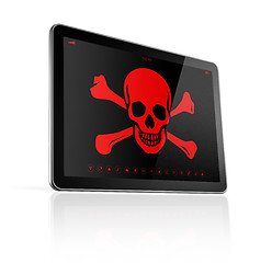 Image showing Tablet PC with a pirate symbol on screen. Hacking concept