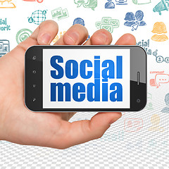 Image showing Social media concept: Hand Holding Smartphone with Social Media on display