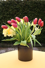 Image showing Bouquet of daffodils and tulips