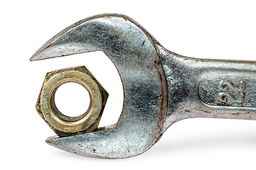 Image showing Closeup an old wrench and nut