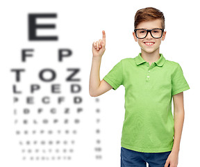 Image showing happy boy in eyeglasses pointing finger up