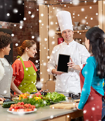 Image showing happy women with chef and tablet pc in kitchen