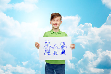 Image showing happy boy holding drawing or picture of family