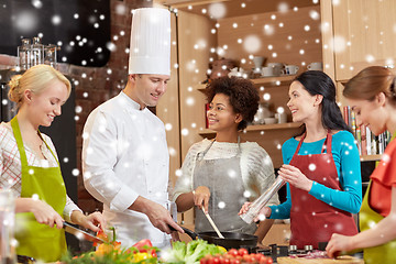 Image showing happy women and chef cook cooking in kitchen