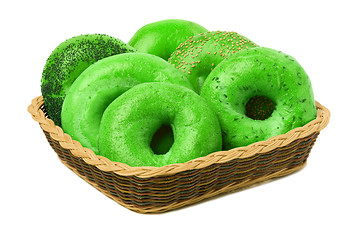 Image showing Six Green Bagels in a Basket