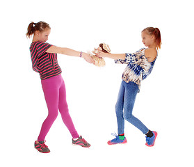 Image showing Two girls fighting for dolly.