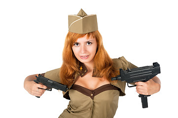 Image showing beautiful woman in military uniform with weapon