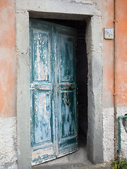 Image showing Riomaggiore Cinque Terre ancient wooden door weatherbeaten by  s