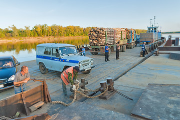 Image showing Vehicle ferry comes nearer to the mooring. Russia