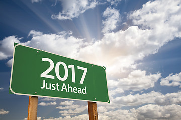 Image showing 2017 Just Ahead Green Road Sign Against Clouds