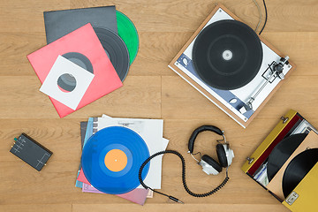 Image showing Various Records With Turntable And Headphones