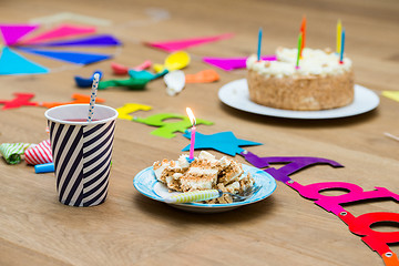 Image showing Lit Candles On Birthday Cake At Table